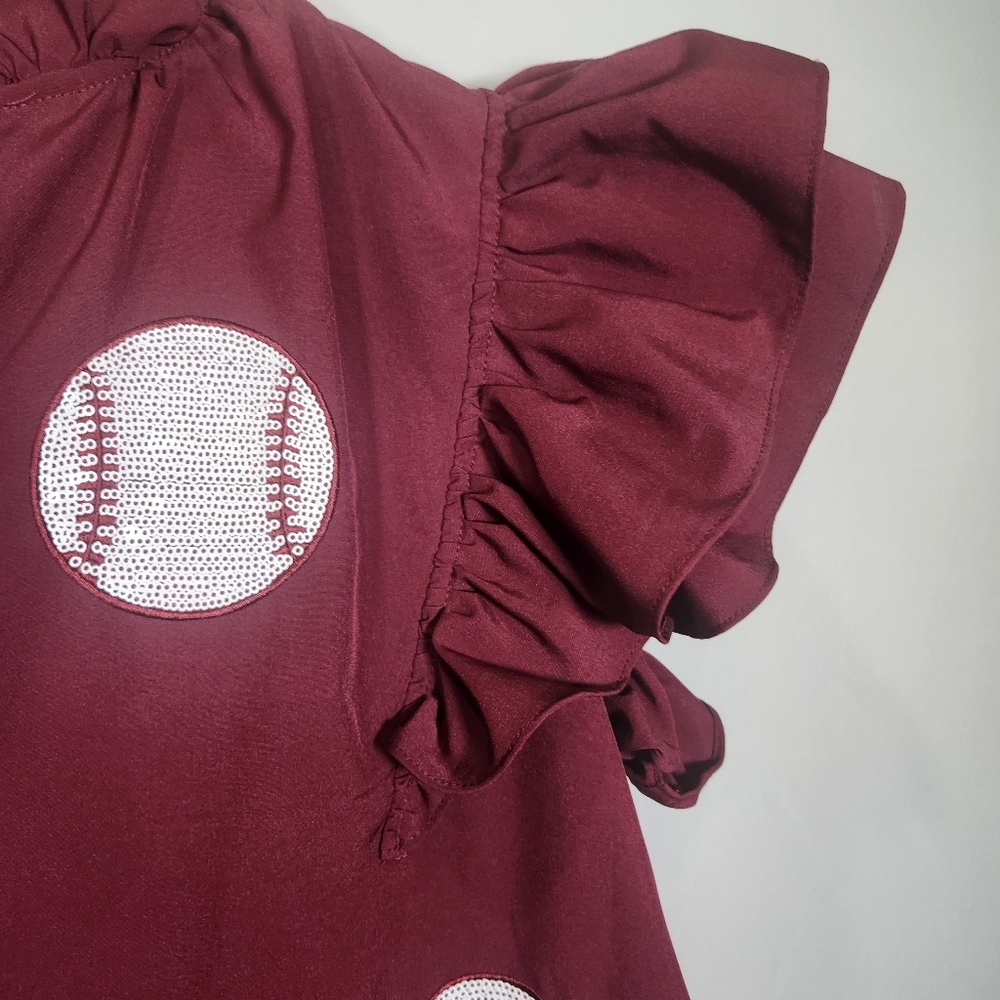 Maroon Baseball Print Ruffle Mini Dress - Picture 3 of 12